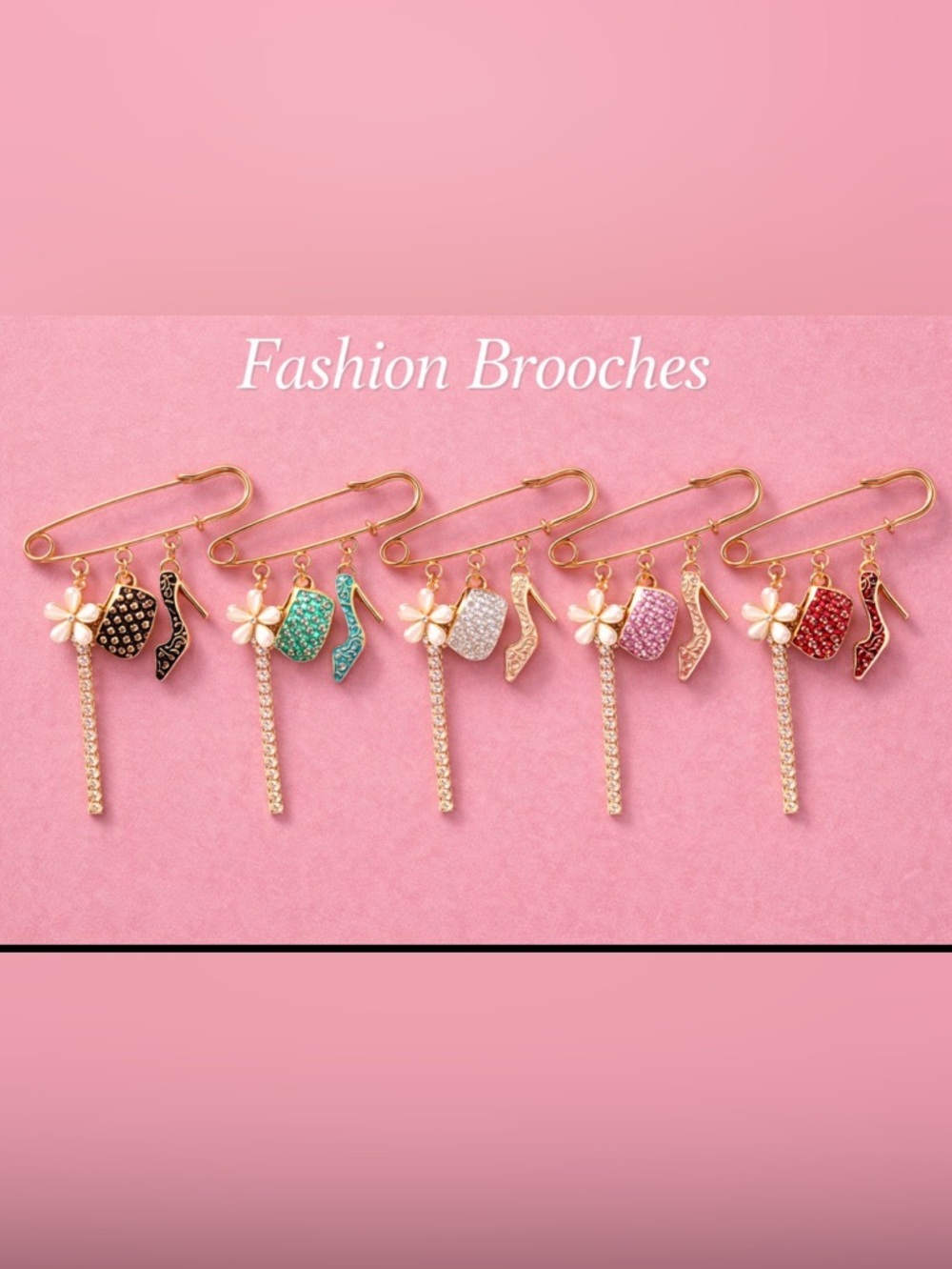 Gold Safety Pin Brooch with Enamel Charms - Choose 1